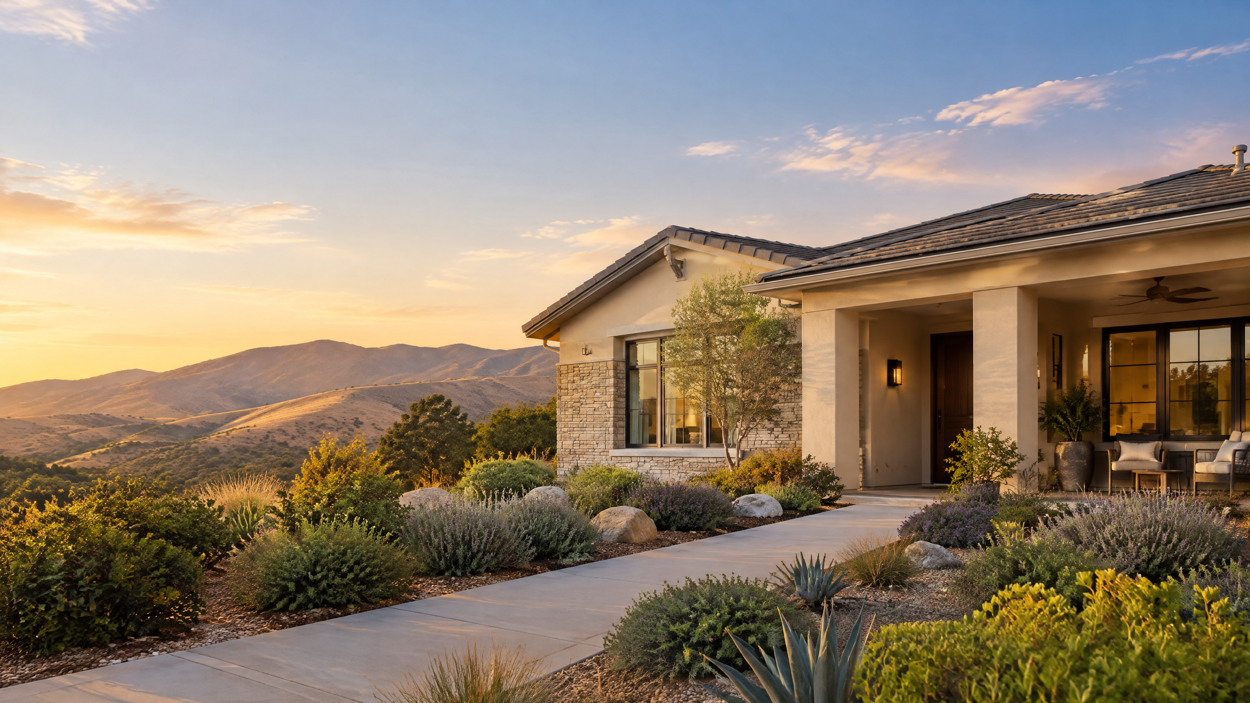 Illustrative new-construction single-story home in a Santa Clarita-style hillside setting