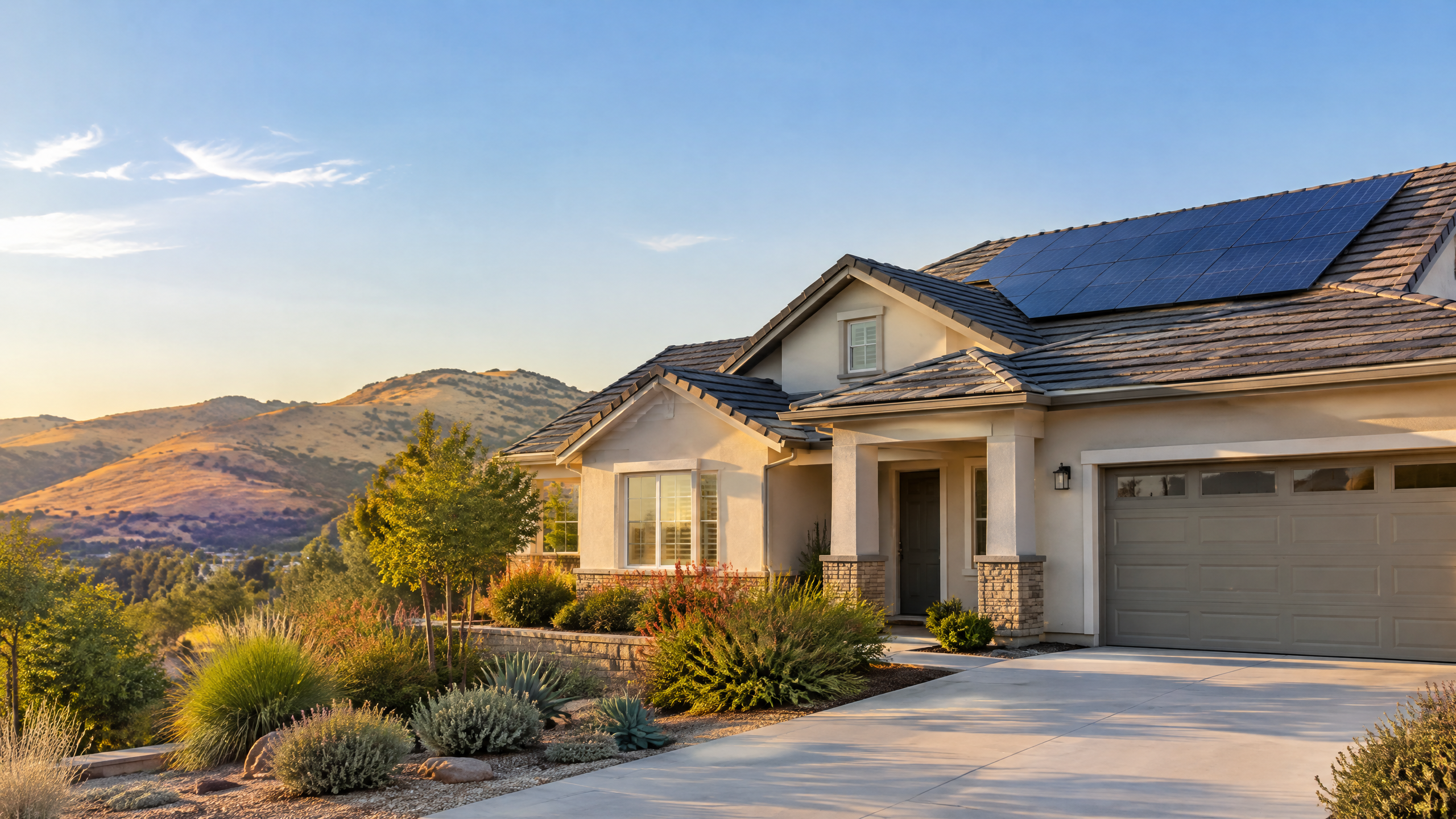 Illustrative solar-equipped home in a Santa Clarita-style foothill setting