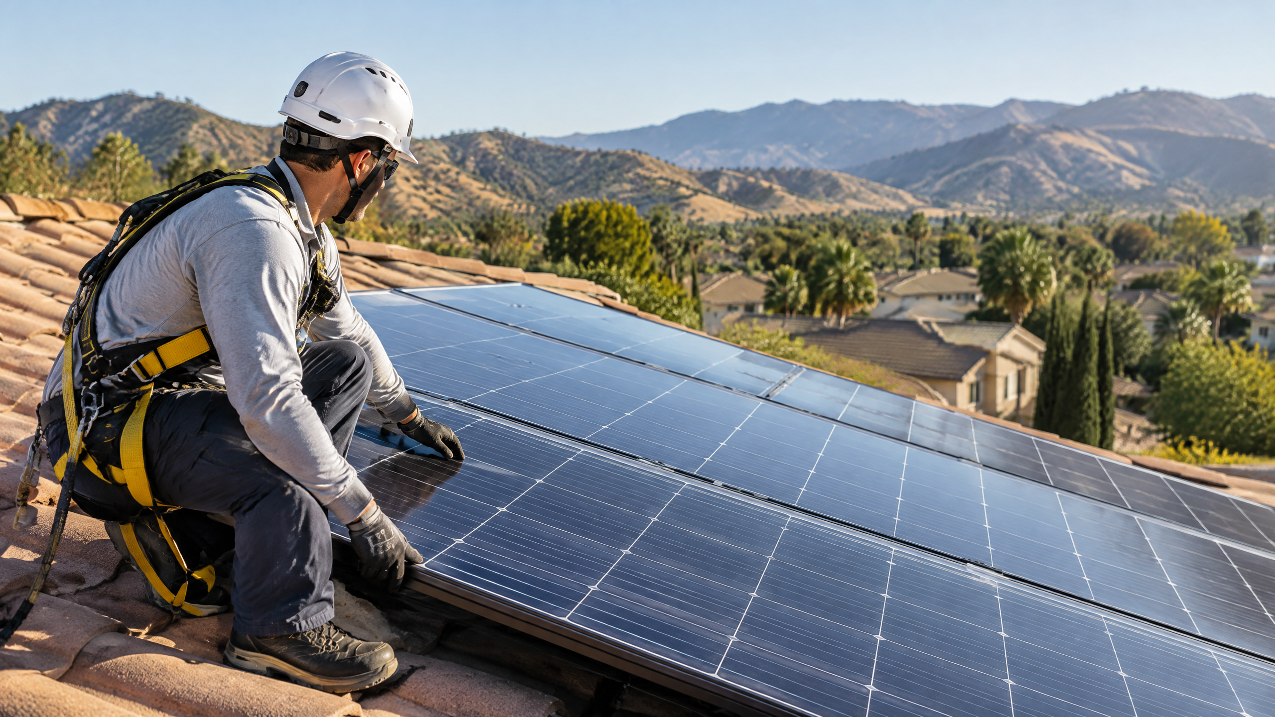 Illustrative professional inspection of a residential solar array and roof